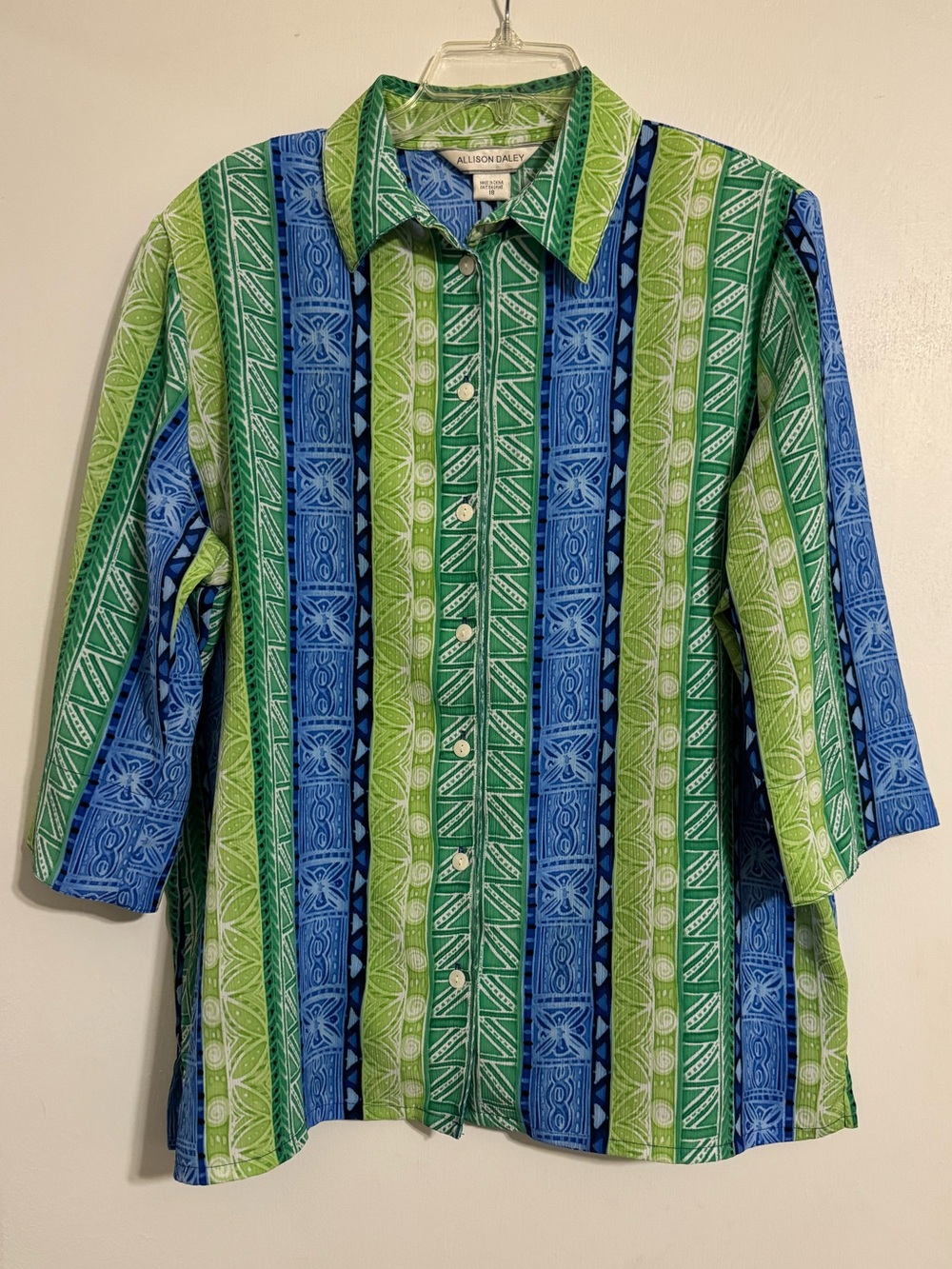 Allison Daley Green and Blue Patterned Women’s 3/4 Sleeve Shirt